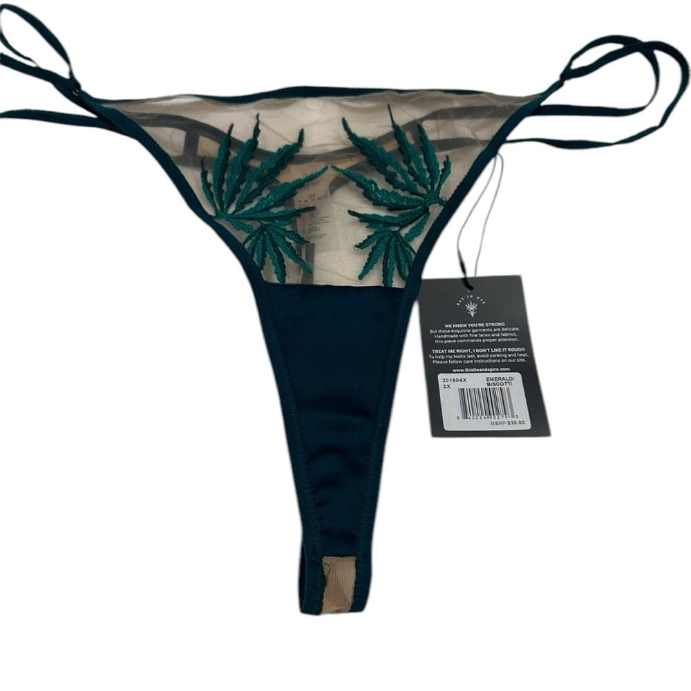 Thistle and Spire Emerald and Biscotti Embroidered Brooklyn Haze Thong 2X New